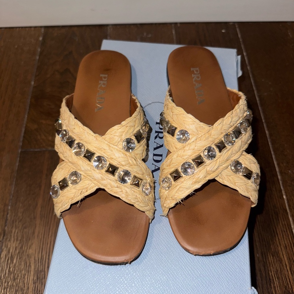Prada Tan Raffia Crystal-Cross Slide Sandals - Picture 4 of 8